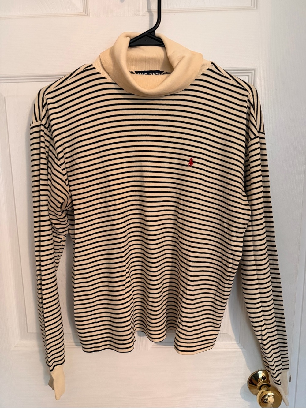 Polo by Ralph Lauren Cream & Black Striped Turtleneck Sweater with Red Pony
